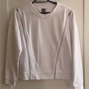 Lucky in Love White Crewneck Sweatshirt with Diagonal Zippers
